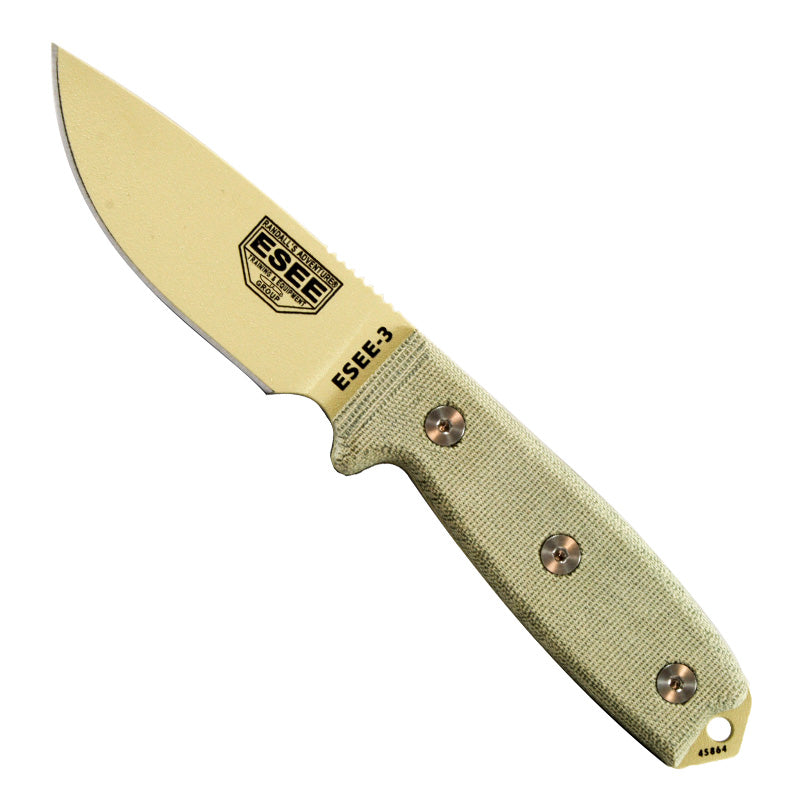 Esee-3 - Plain Edge - Desert Tan Blade - OD Sheath with Molle - Extreme Outfitters