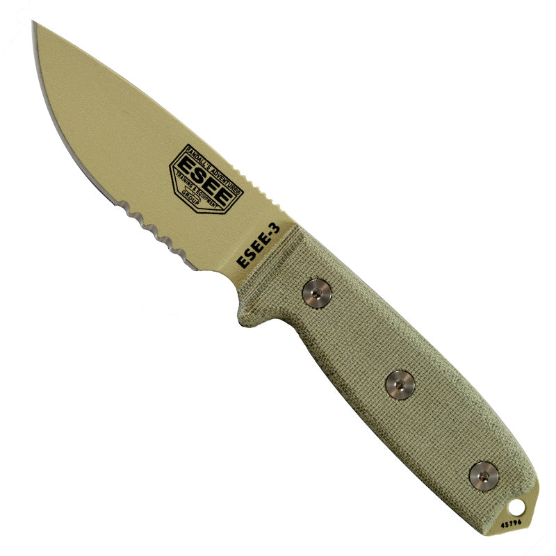 Esee-3 - Partial Serrated - Desert Tan Blade - OD Sheath with Molle - Extreme Outfitters