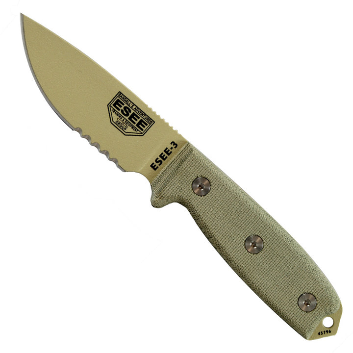 Esee-3 - Partial Serrated - Desert Tan Blade - OD Sheath with Molle - Extreme Outfitters