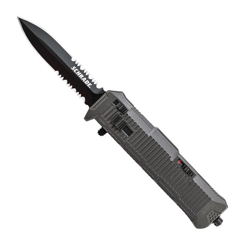 Out the Front Assist Spear - Black Partial Serrated Double Edge Spear Point Schrade