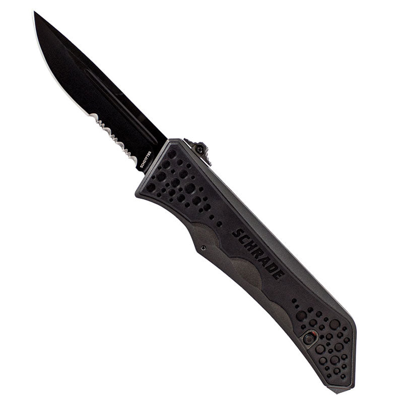 Out the Front Assist Spear - Serrated Drop Point Blade with Blood Grove Schrade