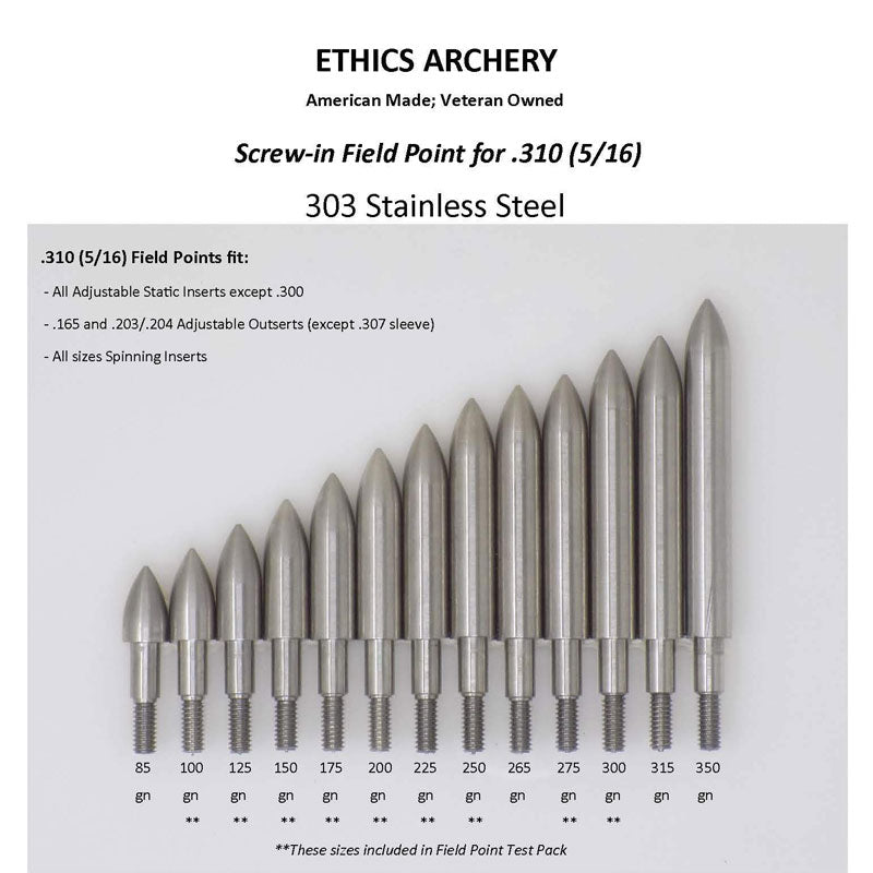 Ethics Archery Screw-in Stainless Steel Standard .310 (5/16) Field Points - 100gr (12 Pack) Ethics Archery