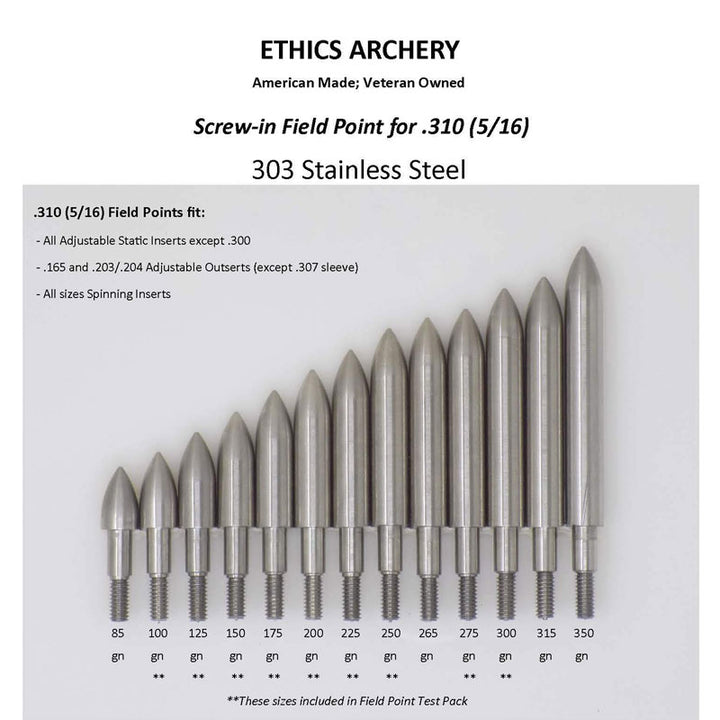 Ethics Archery Screw-in Stainless Steel Standard .310 (5/16) Field Points - 100gr (12 Pack) Ethics Archery