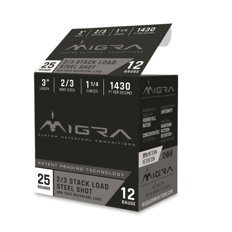 Migra Stack Load Steel Shot, 12 Gauge, 3", #2/#3, 1 1/4 oz., 25 Rounds Migra Shotgun Shells