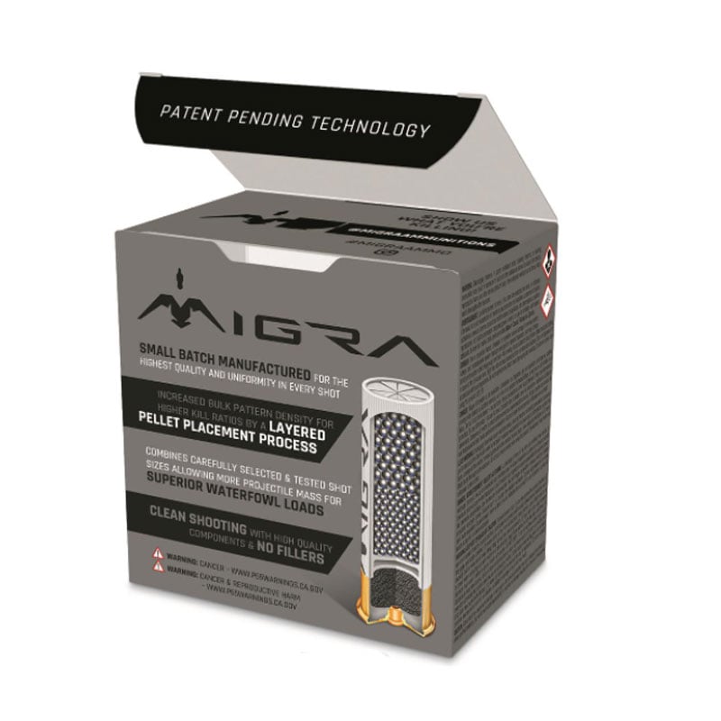 Migra Steel Shot 12ga 3in 2/4 Stack Load Waterfowl Shotgun Shells Back Of Box