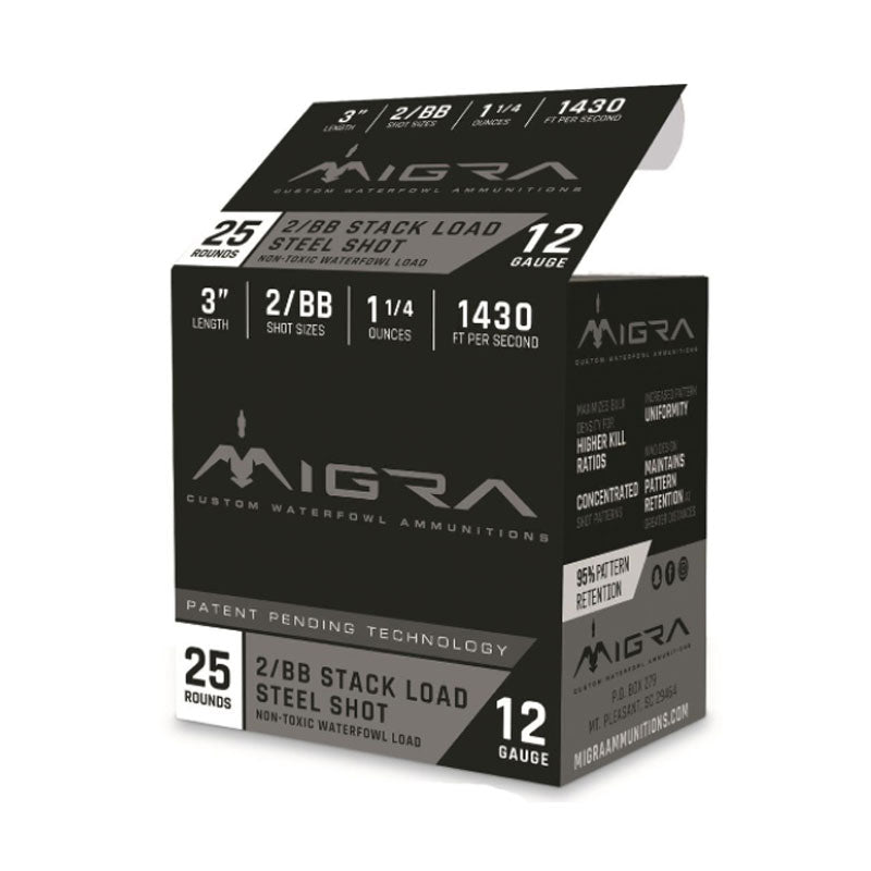 Migra Stack Load Steel Shot, 12 Gauge, 3", #2/BB, 1 1/4 oz., 25 Rounds Migra Shotgun Shells