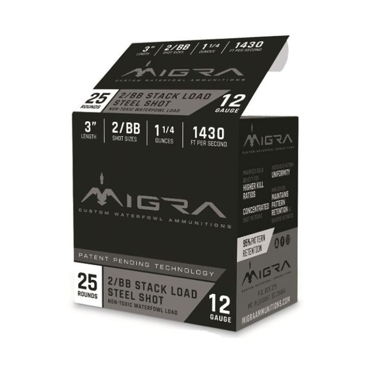 Migra Stack Load Steel Shot, 12 Gauge, 3", #2/BB, 1 1/4 oz., 25 Rounds Migra Shotgun Shells