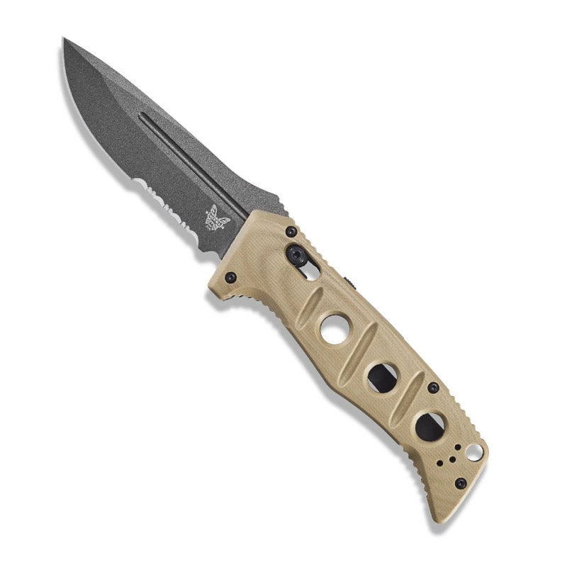 Benchmade Sibert Adamas Auto Partial Serrated Tungsten Grey Blade Tan G10 Handle Open