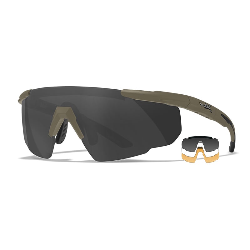 Wiley X Saber Advanced Tan with Smoke Lens Angled View with lens options