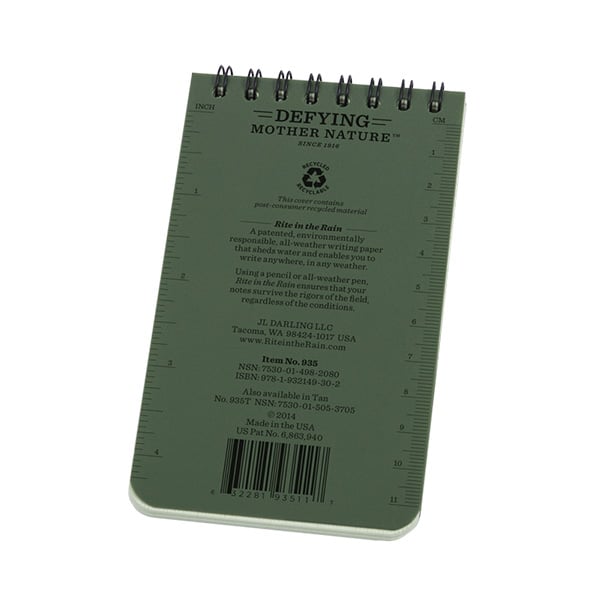 Rite In The Rain 3" X 5" Top Spiral Notebook Olive Drab Back